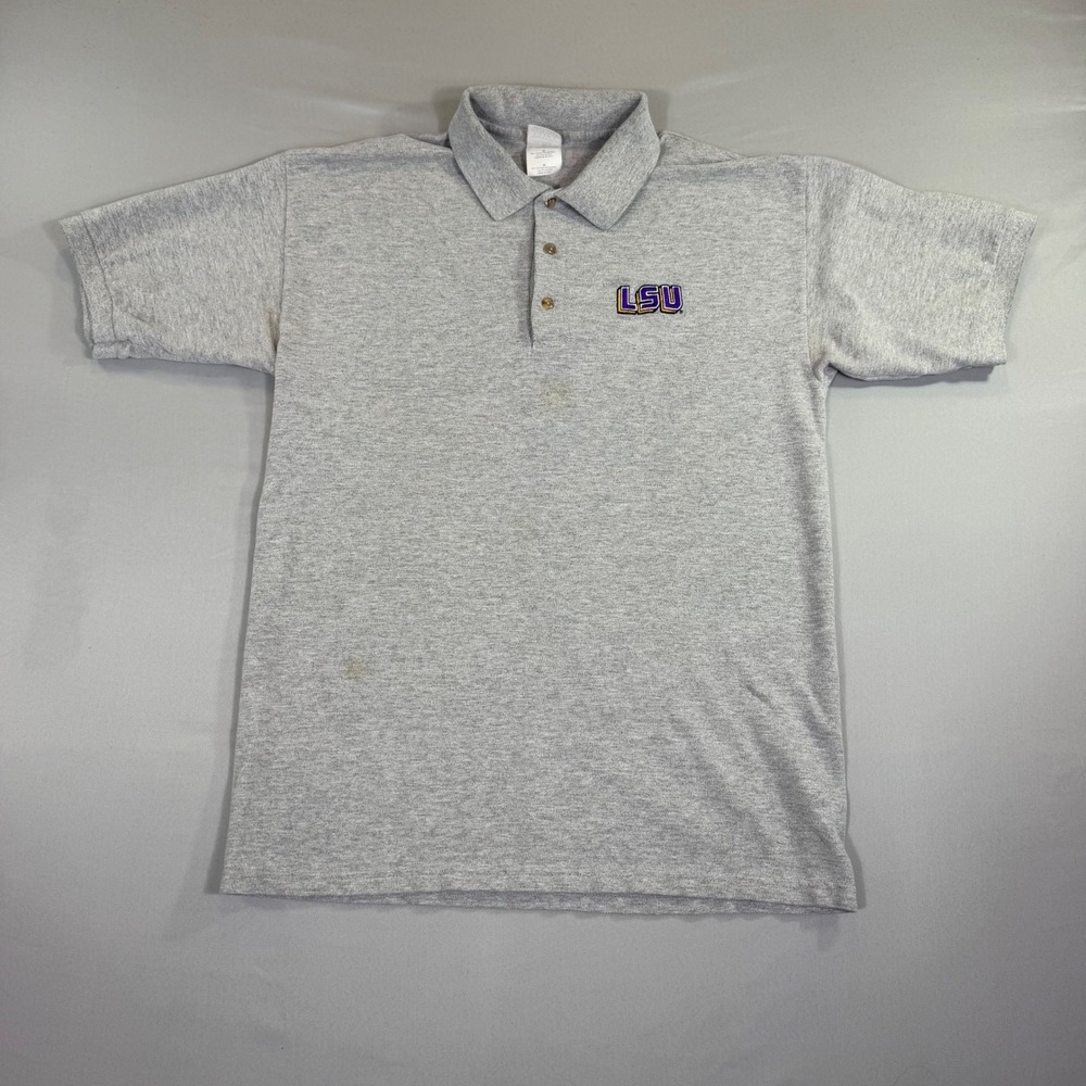 Vintage LSU Polo Shirt Mens Medium Gray Football Collegiate Preppy Frat Tailgate